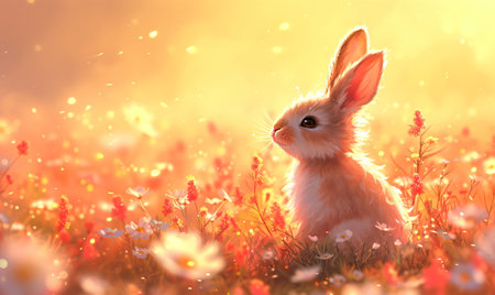Watercolor illustration of cute rabbit sitting on spring field. Happy Easter banner or cardの素材