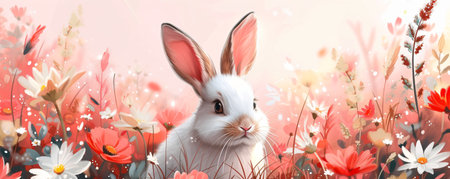 Watercolor illustration of cute rabbit sitting on spring field. Happy Easter banner or cardの素材