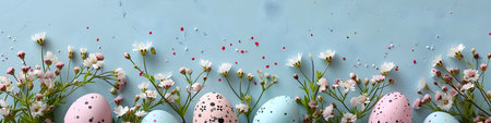 Easter eggs on blue background. Happy Easter greeting card. Springtimeの素材