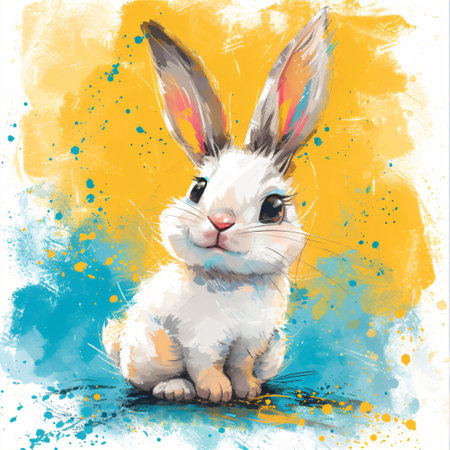 Watercolor illustration of cute rabbit sitting on spring field. Happy Easter banner or cardの素材