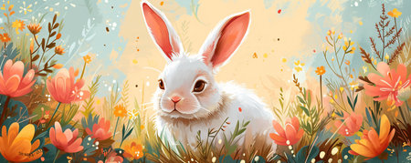 Watercolor illustration of cute rabbit sitting on spring field. Happy Easter banner or cardの素材
