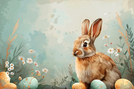 Watercolor illustration of cute rabbit sitting on spring field. Happy Easter banner or cardの素材