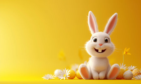 Watercolor illustration of cute rabbit sitting on spring field. Happy Easter banner or cardの素材