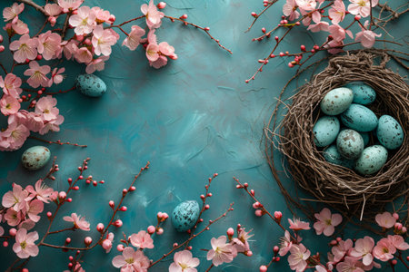 Easter eggs on blue background. Happy Easter greeting card. Springtimeの素材