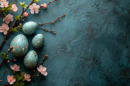 Easter eggs on blue background. Happy Easter greeting card. Springtimeの素材