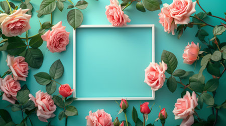 Romantic vintage empty frame with beautiful roses on teal blue background. Greeting card templateの素材