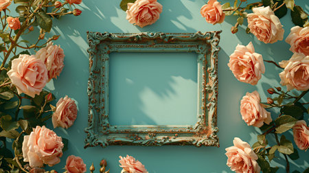 Romantic vintage empty frame with beautiful roses on teal blue background. Greeting card templateの素材