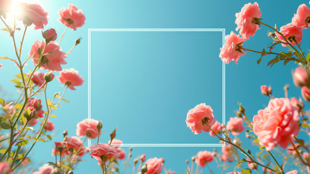Romantic vintage empty frame with beautiful roses on teal blue background. Greeting card templateの素材