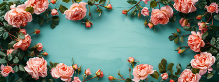 Romantic vintage frame made of beautiful roses on turquoise blue background. Greeting card templateの素材