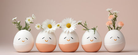 Cute handmade eggs with funny faces and spring flowers on light orange background. Happy Easterの素材