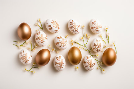 Eggs and spring flowers on light background. Happy Easter concept. Easter zero waste, eco friendlyの素材