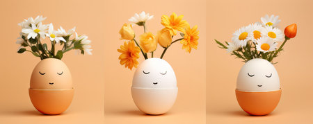 Cute handmade eggs with funny faces and spring flowers on light orange background. Happy Easterの素材
