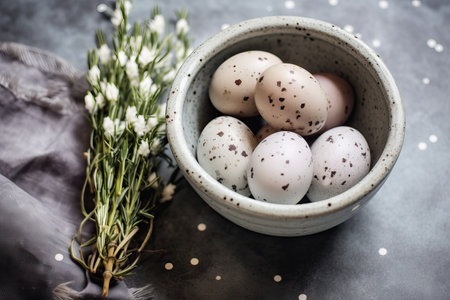 Easter eggs on dark background. Happy Easter concept. Simple spring template, greeting card, bannerの素材
