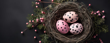 Easter eggs on dark background. Happy Easter concept. Simple spring template, greeting card, bannerの素材