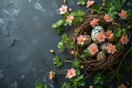 Easter eggs on dark background. Happy Easter concept. Simple spring template, greeting card, bannerの素材