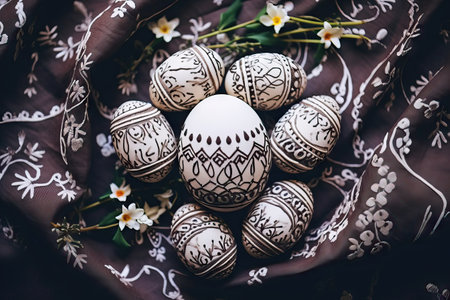 Easter eggs on dark background. Happy Easter concept. Simple spring template, greeting card, bannerの素材