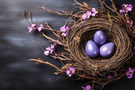 Easter eggs on dark background. Happy Easter concept. Simple spring template, greeting card, bannerの素材