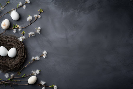 Easter eggs on dark background. Happy Easter concept. Simple spring template, greeting card, bannerの素材
