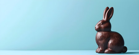 Chocolate easter bunny, eggs and candies on pastel blue background. Delicious Easter holiday sweetsの素材
