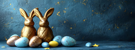 Chocolate easter bunny, eggs and candies on pastel blue background. Delicious Easter holiday sweetsの素材