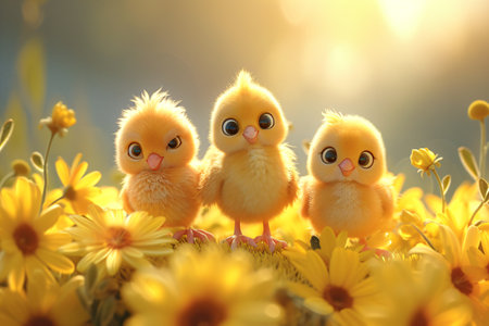 Little chicken on spring meadow with colorful easter eggs. Yellow bird on spring sunny fieldの素材
