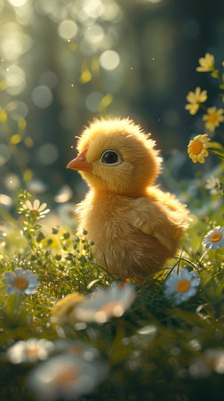 Little chicken on spring meadow with colorful easter eggs. Yellow bird on spring sunny fieldの素材