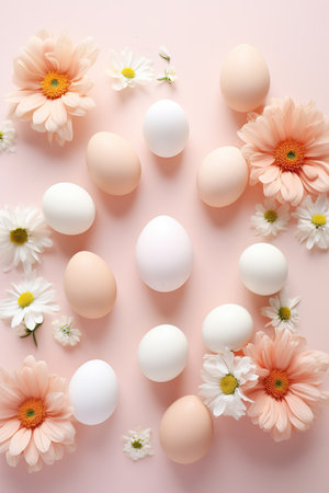 Eggs and spring flowers on light background. Happy Easter concept. Easter zero waste, eco friendlyの素材