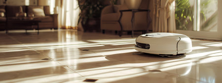 Modern robotic vacuum cleaner on the floor for cleaning pet hair and dust in light living roomの素材