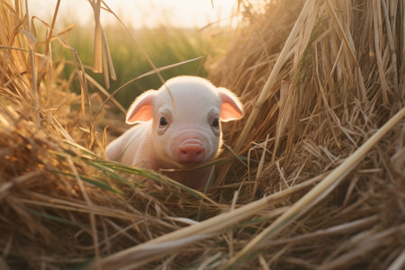 Happy young funny pig on the farm. Vegan and vegetarian. Organic farming and agriculture, livestockの素材