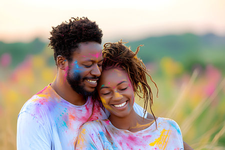Happy african american couple at traditional holi festival. Young people celebrating color festivalの素材