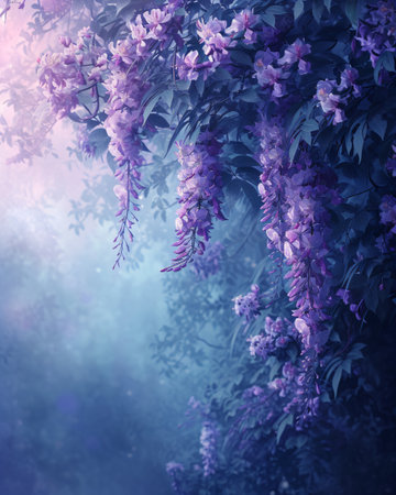Spring wisteria blooming flowers in sunset garden. Purple japanese wisteria sinensis branchの素材