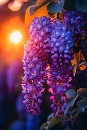 Spring wisteria blooming flowers in sunset garden. Purple japanese wisteria sinensis branchの素材
