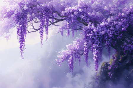 Spring wisteria blooming flowers in sunset garden. Purple japanese wisteria sinensis branchの素材