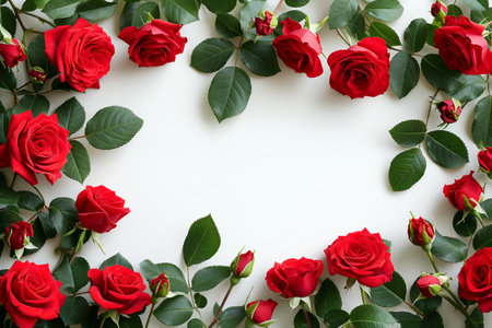 Watercolor border made of red roses and green leaves on white backgroundの素材