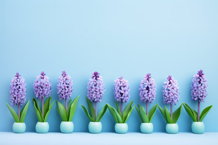 Fresh purple hyacinth flowers on blue background with copy space. Bouquet of violet hyacinthsの素材