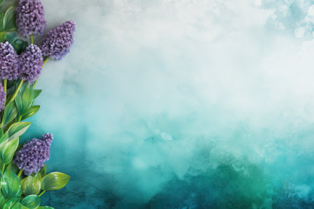 Fresh purple hyacinth flowers on blue background with copy space. Bouquet of violet hyacinthsの素材