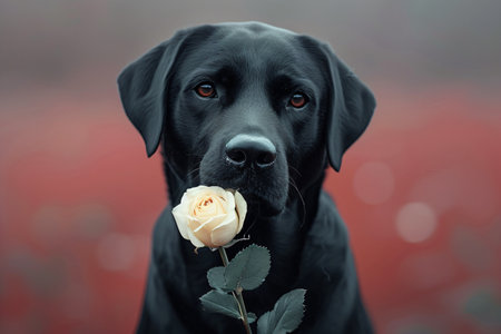 Cute dog holding flower in his mouth on red background. Love and romantic. Spring greeting cardの素材