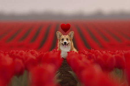 Cute corgi dog sitting in sunny spring field or garden with red tulip flowers. Love and romanticの素材