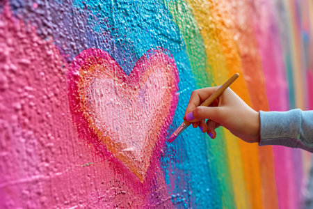 Hand drawing heart in rainbow color on the wall. LGBT pride symbol, LGBTQ rights and supportの素材