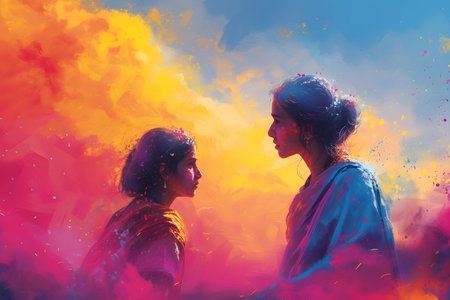 Happy Indian girl with dry color powder exploding around. Holi Festival Of Colorsの素材
