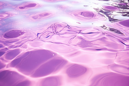 Closeup of pink transparent clear water surface texture with splashes and bubbles on sunlightの素材