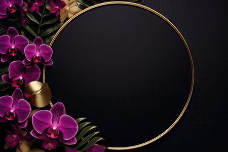 Frame made of tropical leaves and purple orchid flowers on black background. Minimal exotic fashionの素材