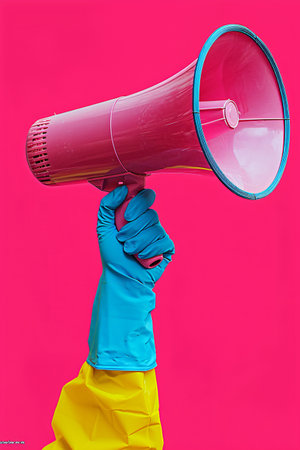 Hand in blue protective rubber glove with megaphone isolated on pink background. Cleaning serviceの素材