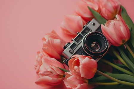 Vintage retro photo camera with flowers. Hobby and leisure concept. World photo dayの素材