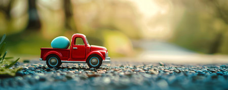 Red toy retro car with Easter egg on the roof on spring field. Greeting card or festive bannerの素材