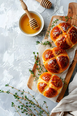 Hot cross buns with raisins and honey on rustic background. Traditional Easter dessert foodの素材