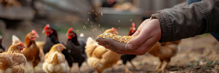 Farmer hand hold food for feeding chicken in farm. Farmer feed hens with grain. Poultry local farmの素材