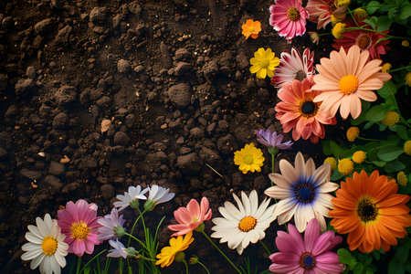 Flowers and gardening tools on soil background. Spring garden works concept. Love natureの素材