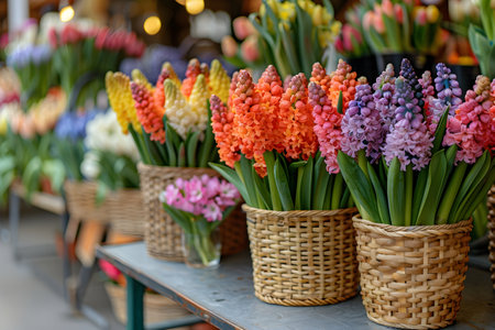 Colorful fresh flowers in basket on sale in flower market. Assortment of fresh spring flowersの素材