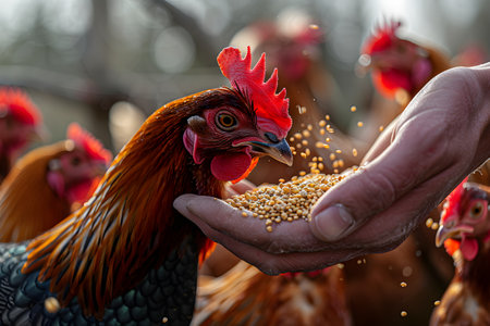 Farmer hand hold food for feeding chicken in farm. Farmer feed hens with grain. Poultry local farmの素材